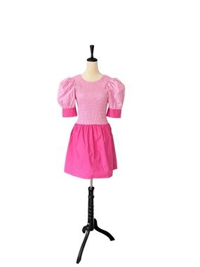 Ganni Color Block Cotton Poplin
Smocked Mini Dress In Phlox Pink Small